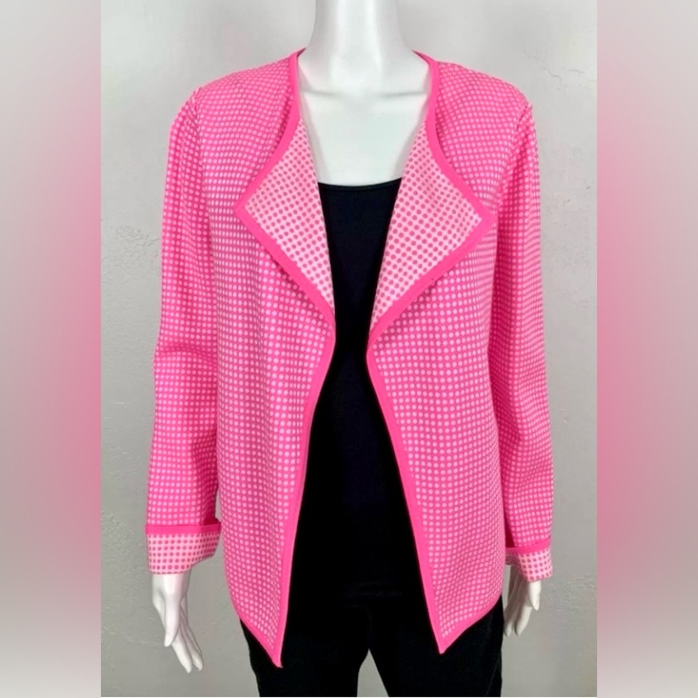 ST JOHN Knits Pink & White Dotted Check Print Open Front Cardigan Top S
